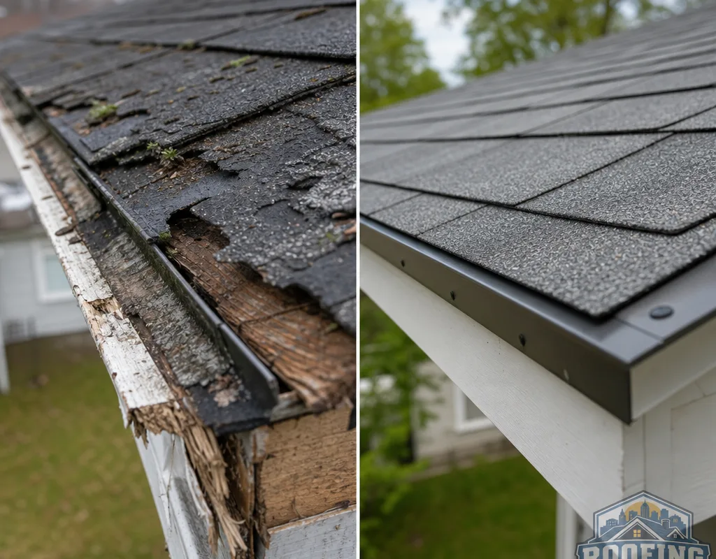 Before-and-after roof edge with damaged shingles and drip edge replaced