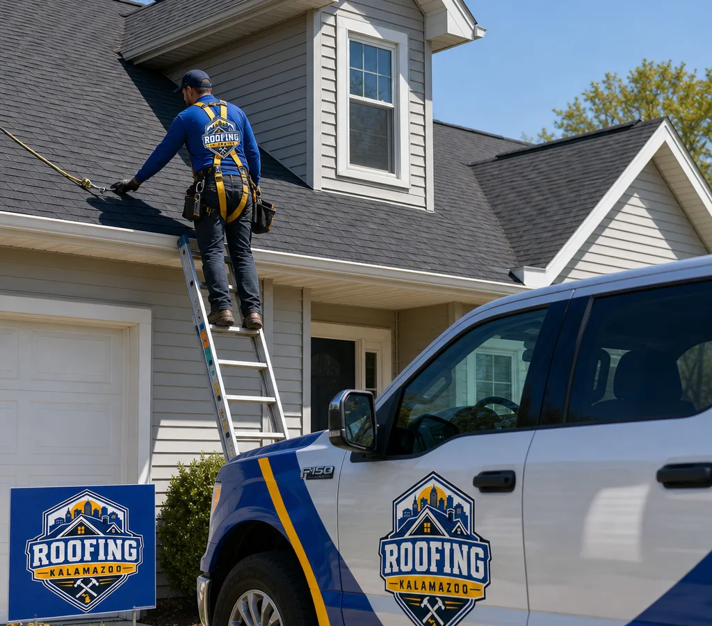 Roofer performing a safety-equipped asphalt-shingle roof inspection in Kalamazoo