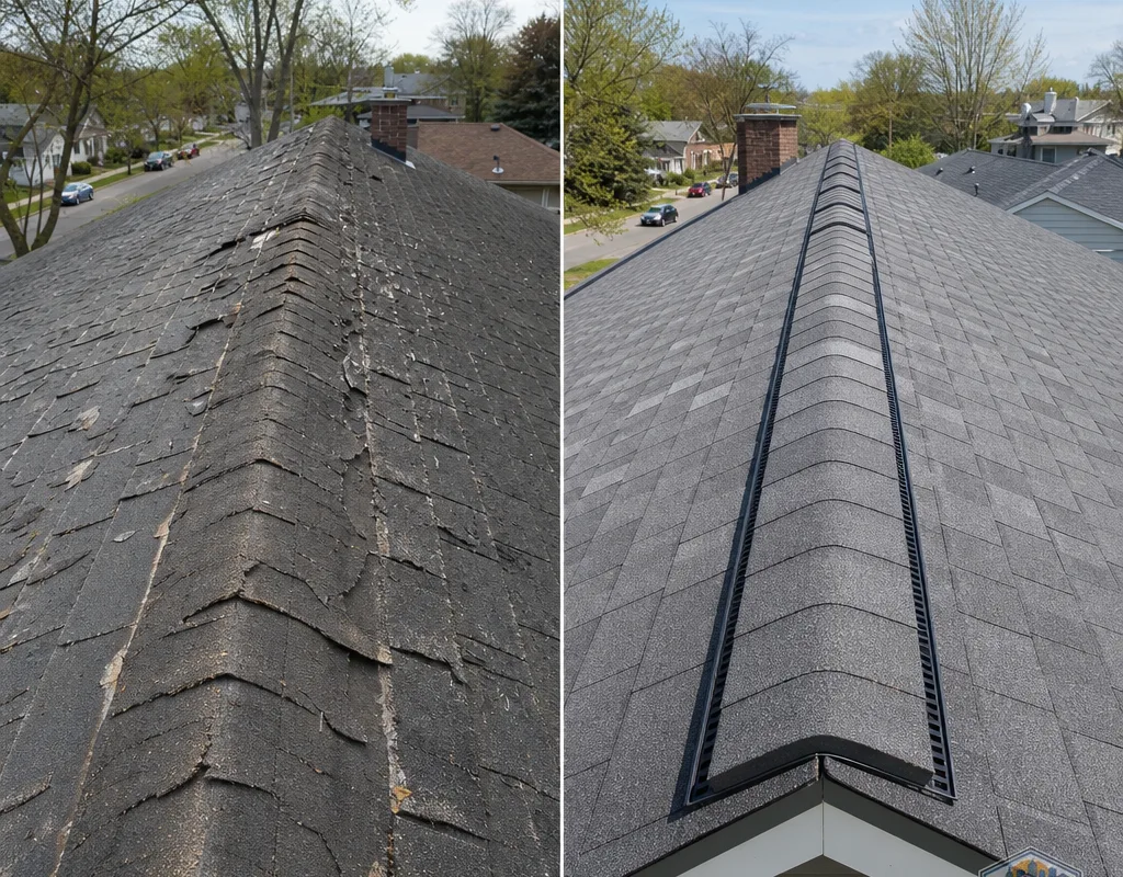 Before-and-after asphalt shingle roof replacement with improved ridge venting and clean edge lines
