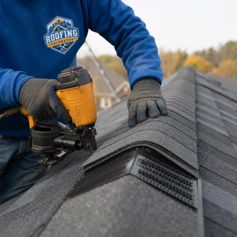Properly installed ridge vent and ridge cap shingles with consistent nailing and clean cut lines