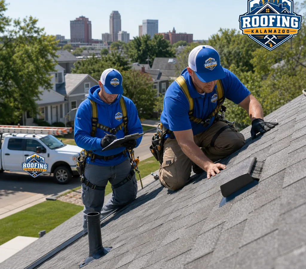Residential roofing crew inspecting a pitched shingle roof in Kalamazoo with safety gear