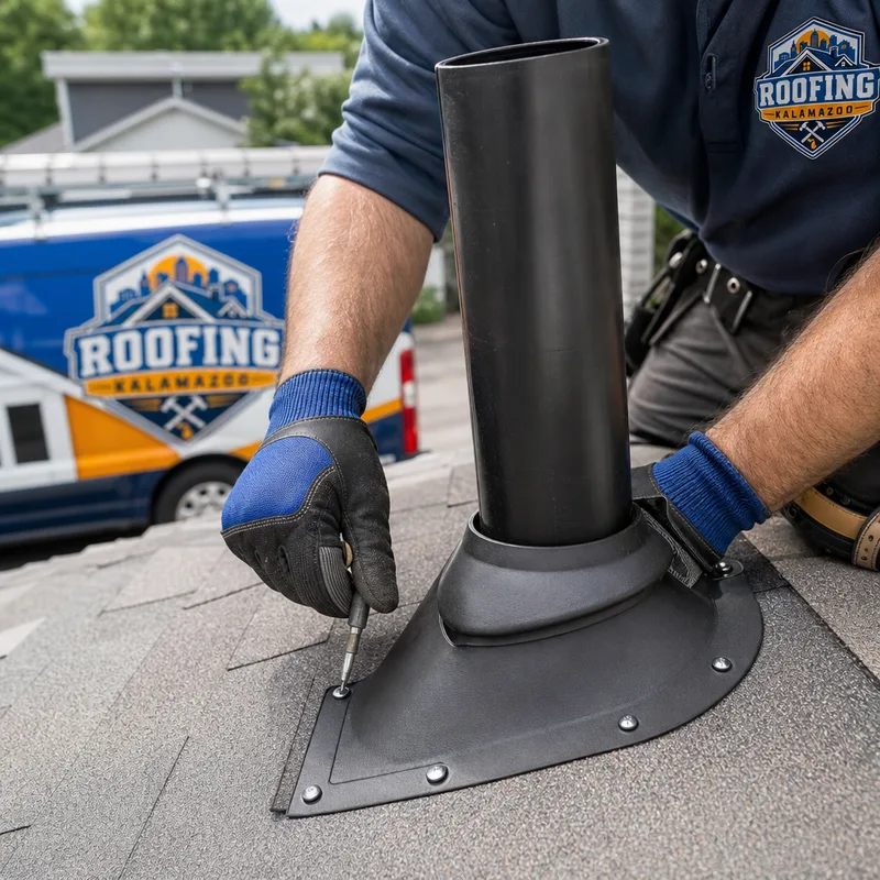 Roof vent and pipe boot installation with clean shingle cuts, sealed fasteners, and correct overlaps