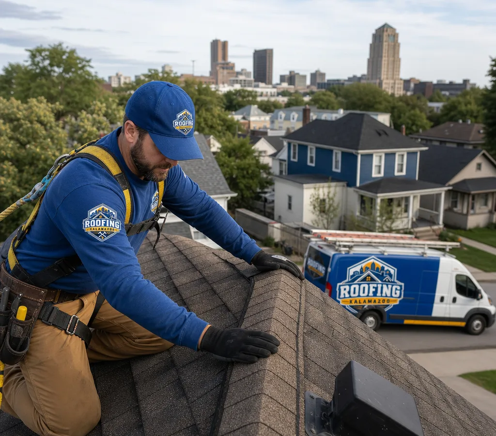 Roofing contractor inspecting a residential roof near the ridge line in Kalamazoo with safety harnesses, shingles, and roof vents visible