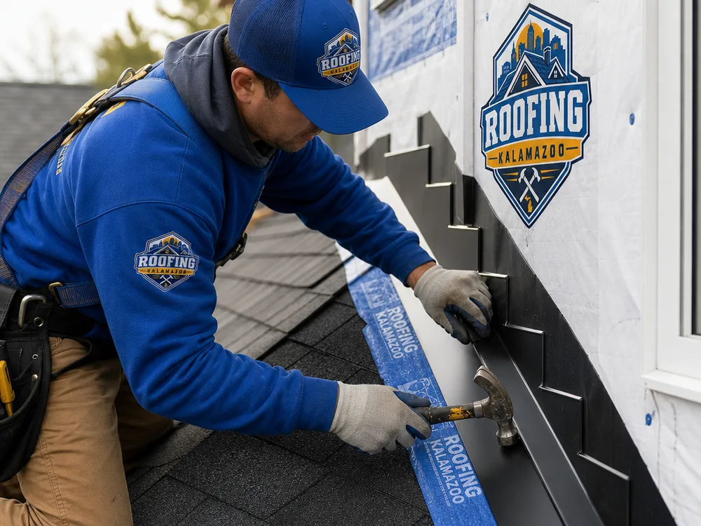 Roofer installing step flashing and ice-and-water membrane at a roof-to-wall transition