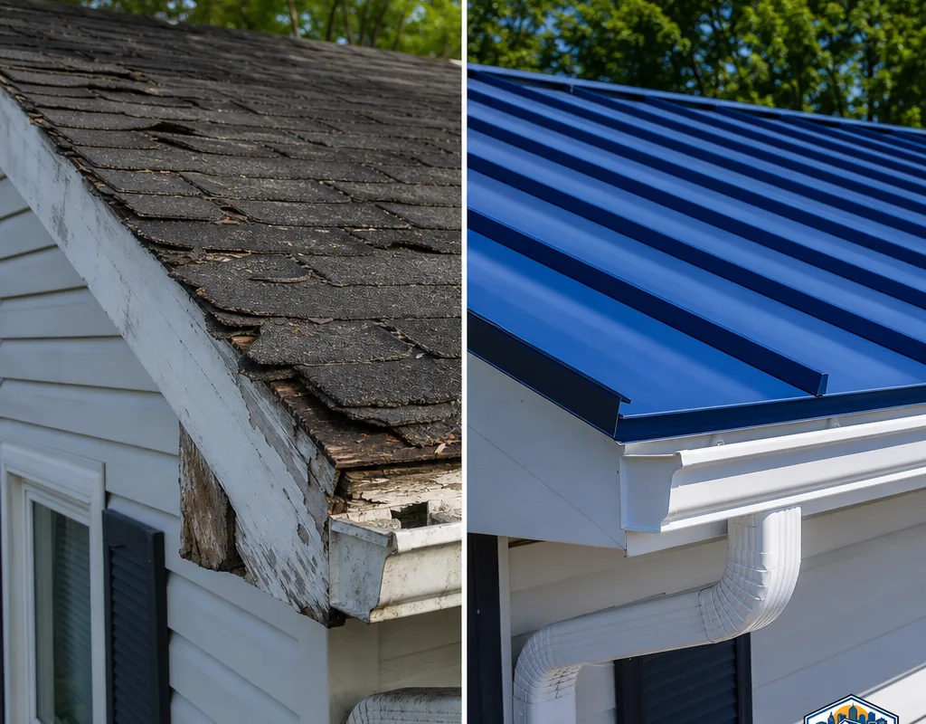 Before-and-after comparison of an aging roof upgraded to a new metal roof