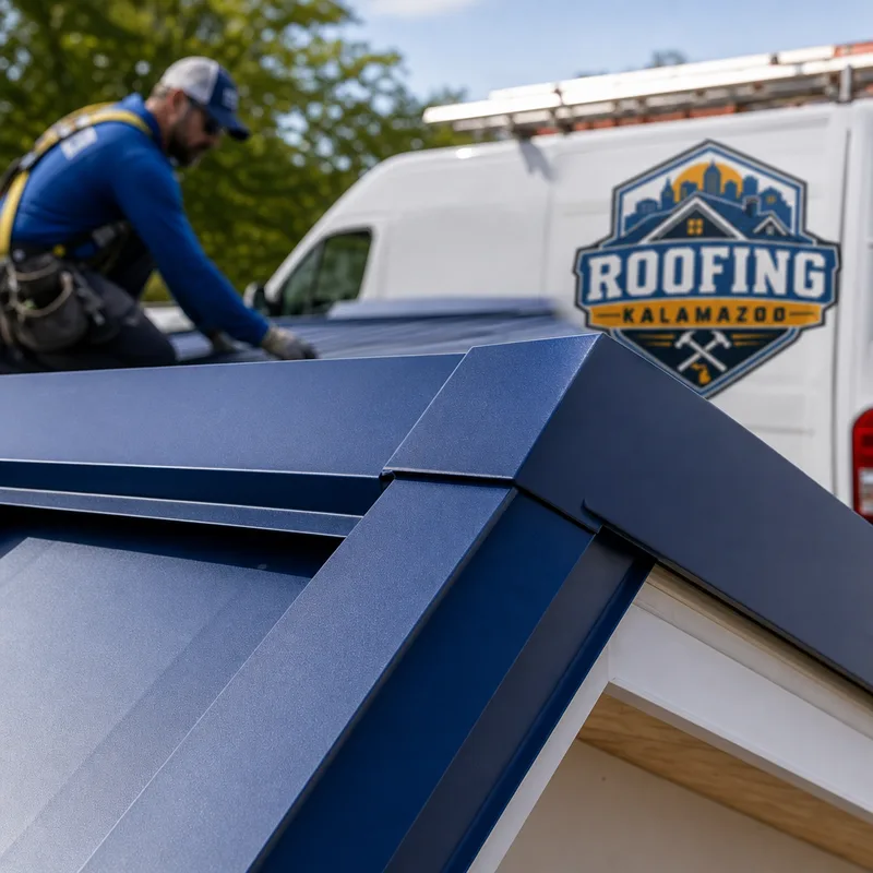 Close-up of a standing seam metal roof seam with concealed fasteners and properly finished trim edges