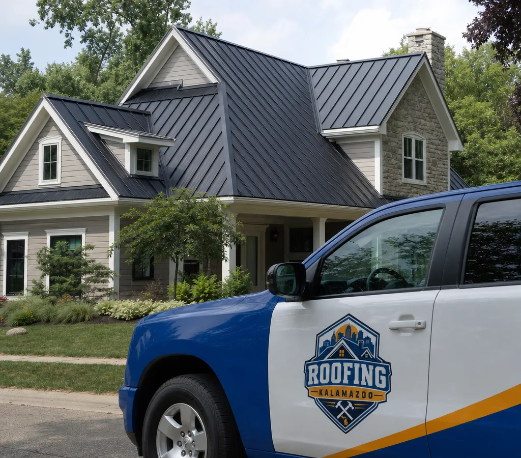 Newly installed standing seam metal roof on a Kalamazoo-area home with crisp seams, straight eaves, and clean trim lines