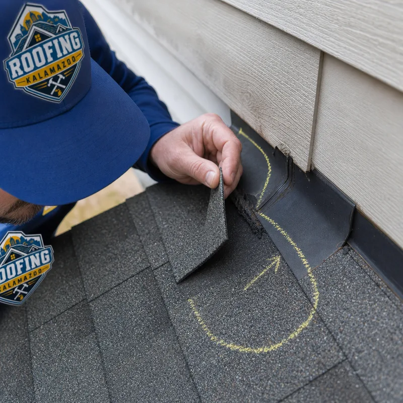 Step flashing, lifted shingle, and chalk marks showing a suspected roof leak path