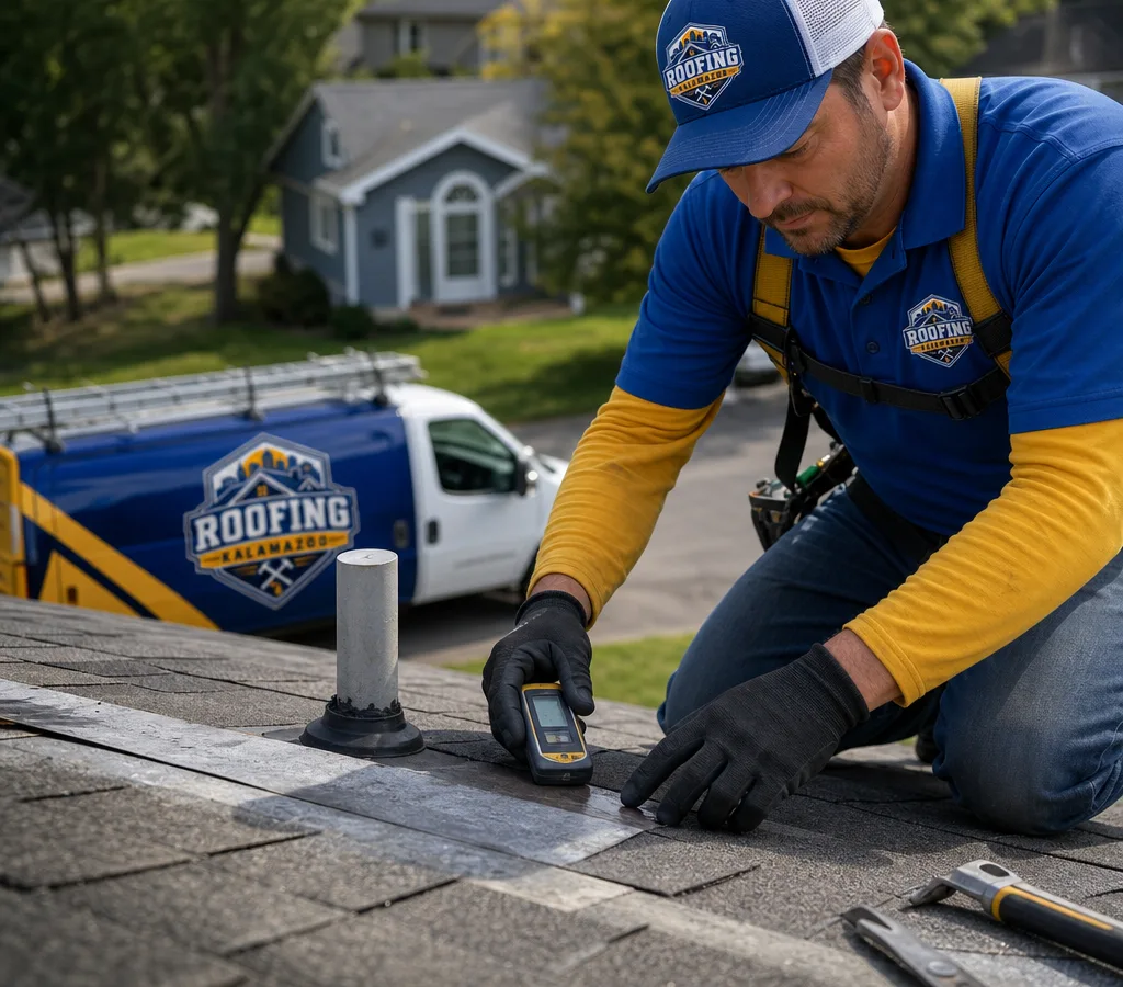 Roofing technician inspecting shingles and vent-pipe flashing during a Kalamazoo roof repair visit