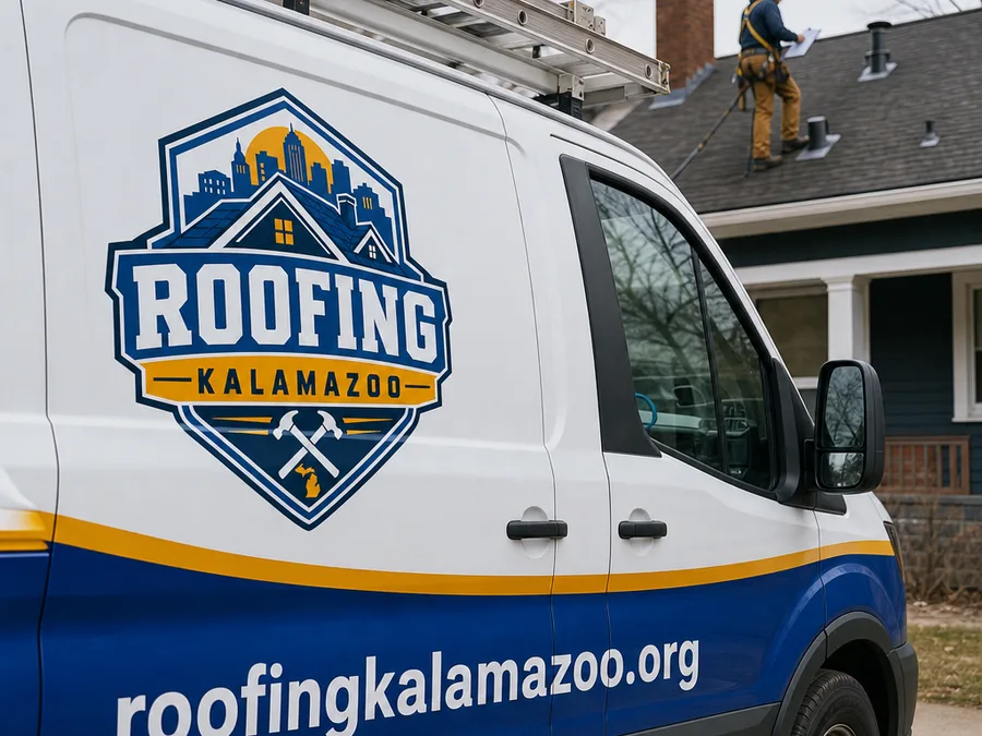 Roofer inspecting flashing and vent penetrations in Kalamazoo
