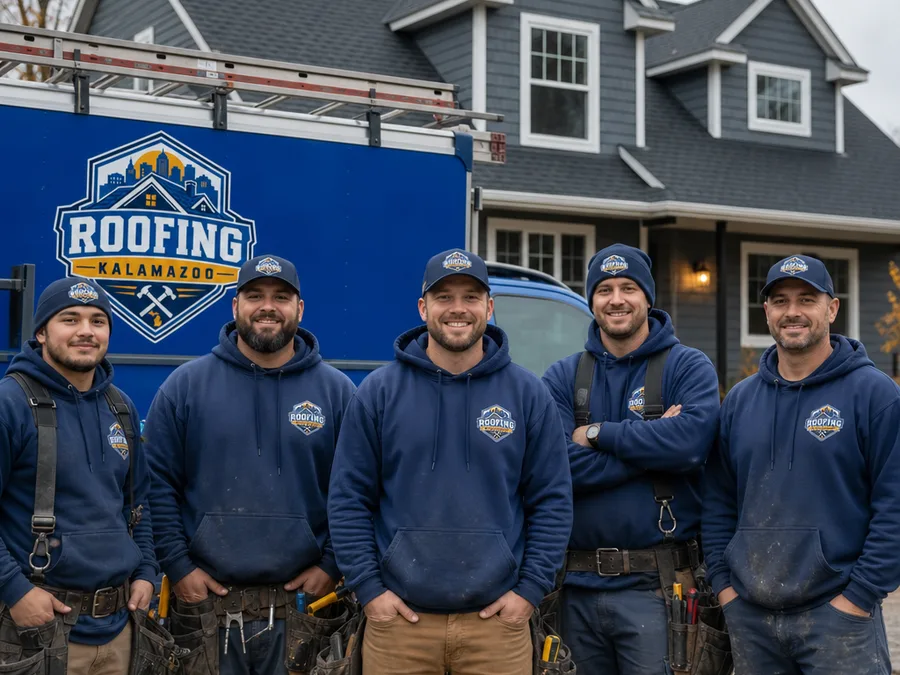 Roofing Kalamazoo crew beside a work vehicle and completed residential roof
